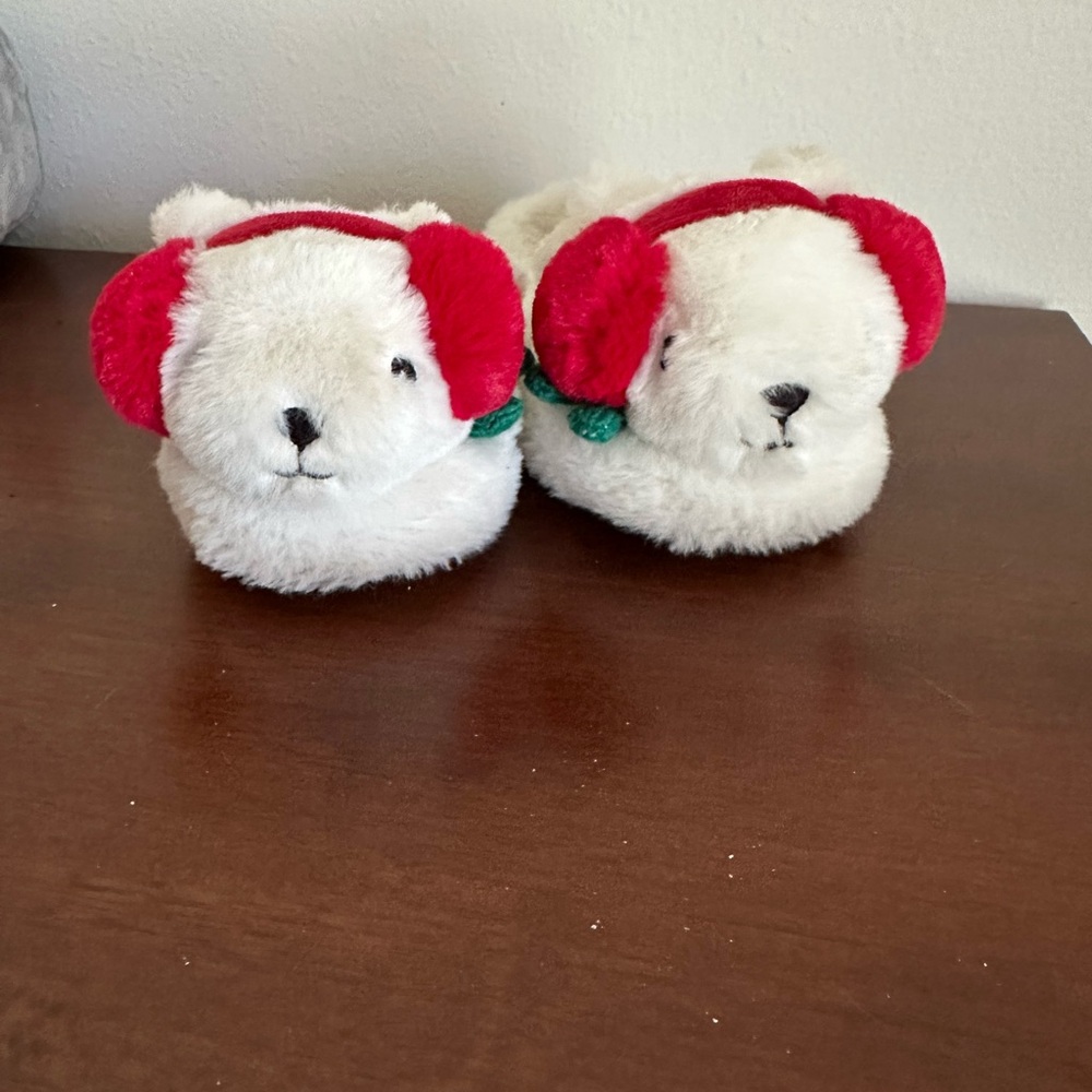 Target Kids Plush Bear Slippers in White and Red with Green Accent